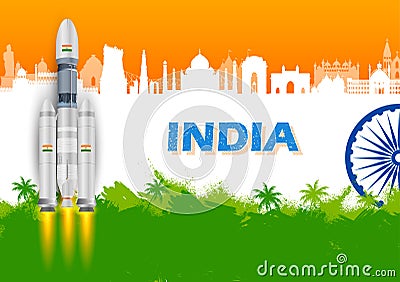 Chandrayaan rocket mission launched by India with tricolor Indian flag Vector Illustration