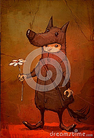 Illustration of a character for a holiday. Image of a boy in a carnival costume of a wolf giving a flower. Stock Photo