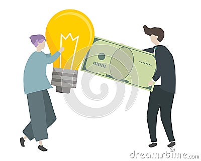 Illustration of characters trading money with ideas Vector Illustration