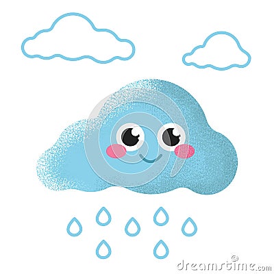 Illustration of a cheerful blue cloud with rain on a white background, vector flat style Vector Illustration