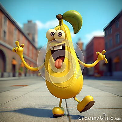 Illustration of Cheerful Cartoon banana character. Funny cartoon banana walking alonf the city streets with a huge smile. Smiling Stock Photo