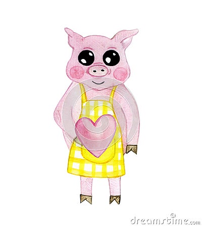 Illustration cheerful pink piggy, watercolor drawing animation Cartoon Illustration