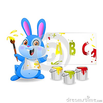 Cheerful rabbit draws on paper Vector Illustration