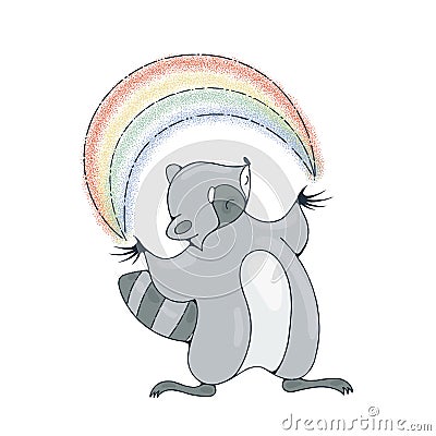 Illustration with a cheerful raccoon playing with a rainbow Vector Illustration