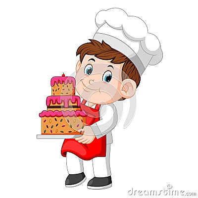 Chef holding a plate with a delicious cake Vector Illustration
