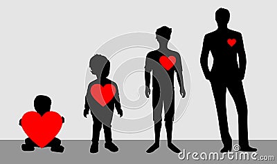 Illustration of a child that when it grows has a heart that gets smaller and smaller. Concept of lack of feelings growing up Stock Photo