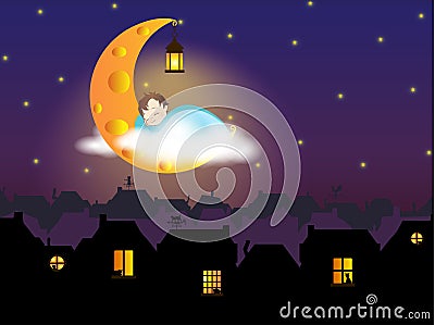 Illustration - A child sleeping on the Cheese Moon, above the fairytale (old European) city Stock Photo