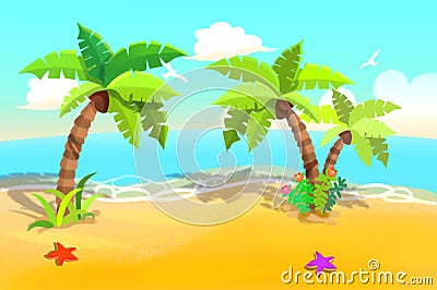 Illustration For Children: Beautiful Sand Beach with Swaying Palm Trees. Stock Photo