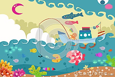 Illustration for Children: The Big Wave Monster is Chasing a Fishing Ship Stock Photo