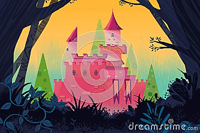 Illustration for Children: Castle in the Forest. Stock Photo