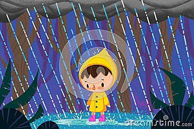 Illustration for Children: Child in the Rain. Realistic Stock Photo