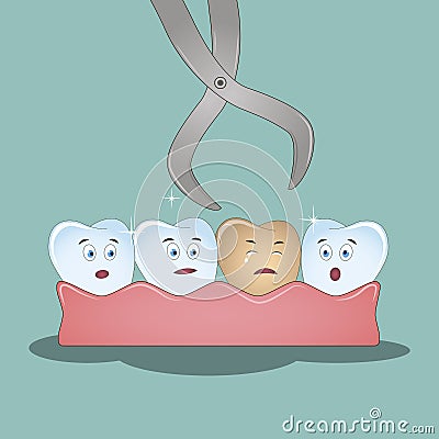 Illustration for children dentistry and orthodontics. Dental cartoon , tooth extraction by dental tools.Vector. Cartoon Illustration