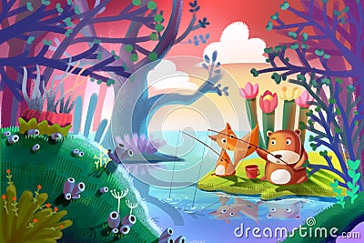 Illustration for Children: Good Friends Little Fox and Little Bear are Fishing Together in the Forest. Stock Photo