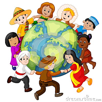 Children holding hands around the world Vector Illustration