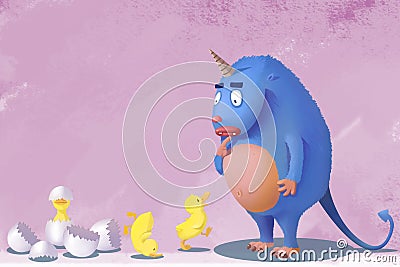 Illustration for Children: But I'm not your Mom, what am I going to do with you, Little Yellow Duck Stock Photo