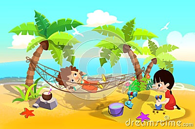 Illustration For Children: Kids Play at Sand Beach, One Sleeping in the Hammock, One Playing in Sands. Stock Photo