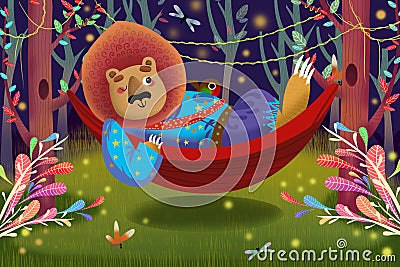 Illustration For Children: Lion King is Lying on a Hammock in Forest. Stock Photo