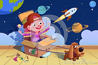 Illustration for Children: Little Doggie, We are in Space now! A Boy's Fancy. Stock Photo