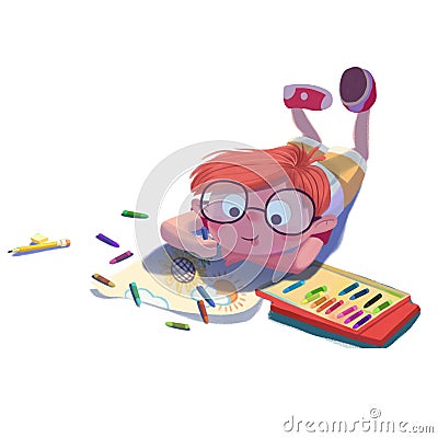 Illustration For Children: The Little Painter is on Drawing, isolated on White Background. Stock Photo