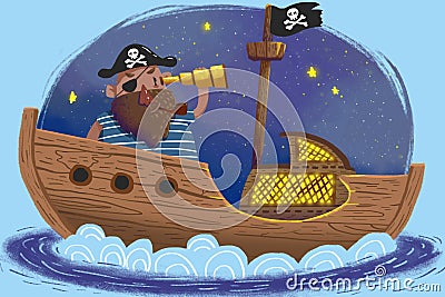 Illustration for Children: The Pirates Captain and His Ship under the Moon Night. Stock Photo