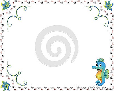 Illustration of a children's card frame with a seahorse and ants Stock Photo