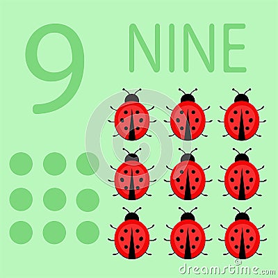 Illustration of children`s card with number nine. The worksheet learns to count and write number and ladybugs Stock Photo