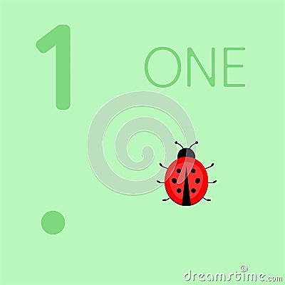 illustration of children`s card with number one. The worksheet learns to count and write number and ladybugs Stock Photo