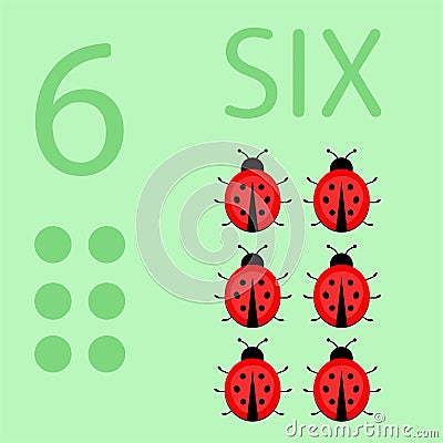 Illustration of children`s card with number six. The worksheet learns to count and write number and ladybugs Stock Photo