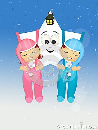 Children sleeping hanging on the moon Stock Photo