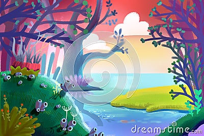 Illustration for Children: A Small Green Grass Field inside the Magical Forest by the Riverside. Stock Photo