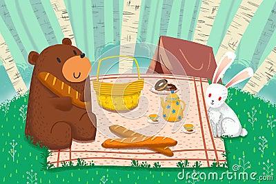 Illustration for Children: Spring Comes, The Good Friends, Bear and Rabbit, Start a Happy Picnic. Stock Photo