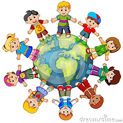 Children standing on globe Vector Illustration