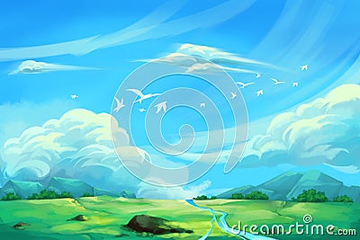 Illustration For Children: The Super Clear Blue Sky. Stock Photo