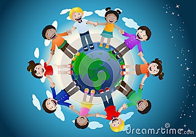 Childrens united holding hand around the world Stock Photo