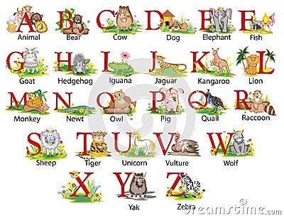 childrens cartoon english alphabet with animals on each letter Vector Illustration