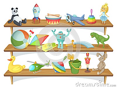 Illustration of childrens store with funny cartoon toys on shelves. Vector set Vector Illustration