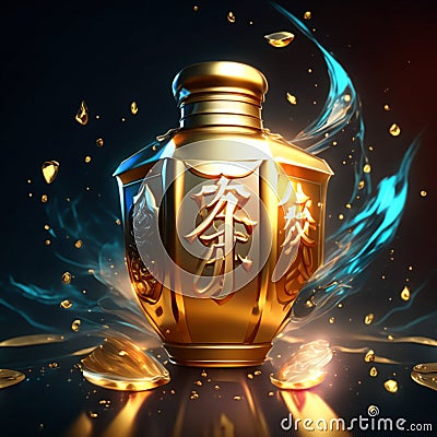 Illustration of chinese hieroglyphs on a golden bottle AI Generated Stock Photo