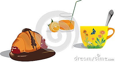Illustration of a chocolate croissant, a glass of orange juice with a straw and a cup of tea Cartoon Illustration