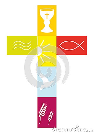 Illustration of a Christian cross with colorful religious symbols isolated on a white background Cartoon Illustration