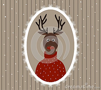 Illustration of Christmas deer in red jumper in patterned frame Vector Illustration