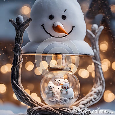 Illustration, Christmas lantern in the form of a snowman Cartoon Illustration