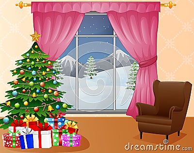 Christmas living room interior with xmas tree, presents and sofa Vector Illustration