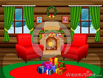 Christmas living room with a tree and fireplace Vector Illustration