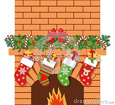 Illustration of Christmas socks with gifts on the background of the fireplace. Christmas background with gifts Vector Illustration