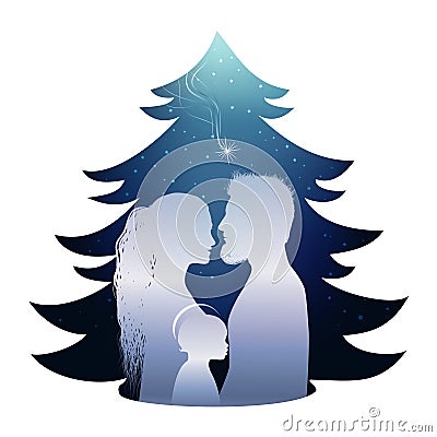 Isolated Christmas tree nativity scene with holy family. Silhouette profile on blue background Stock Photo