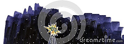 Illustration with a Christmas tree star dark color night with falling snow Stock Photo