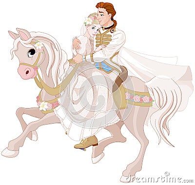 Cinderella and Prince Riding a Horse after wedding Vector Illustration