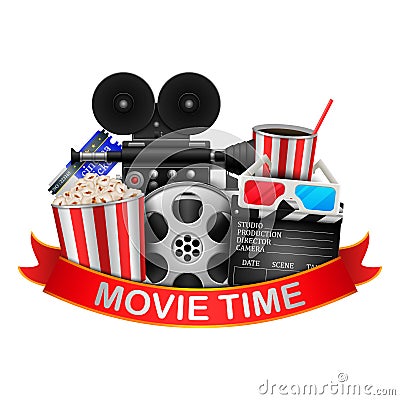 Cinema and Movie time with film reel, popcorn, paper cup, 3d glasses, clapperboard and ribbon. Vector Illustration