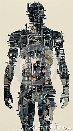 Illustration of a circuit board pattern forming the silhouette of a robot emphasizing the connection between AI and electronics Stock Photo