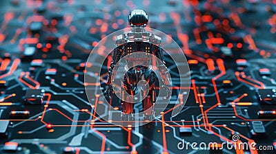 Illustration of a circuit board pattern forming the silhouette of a robot emphasizing the connection between AI and electronics Stock Photo
